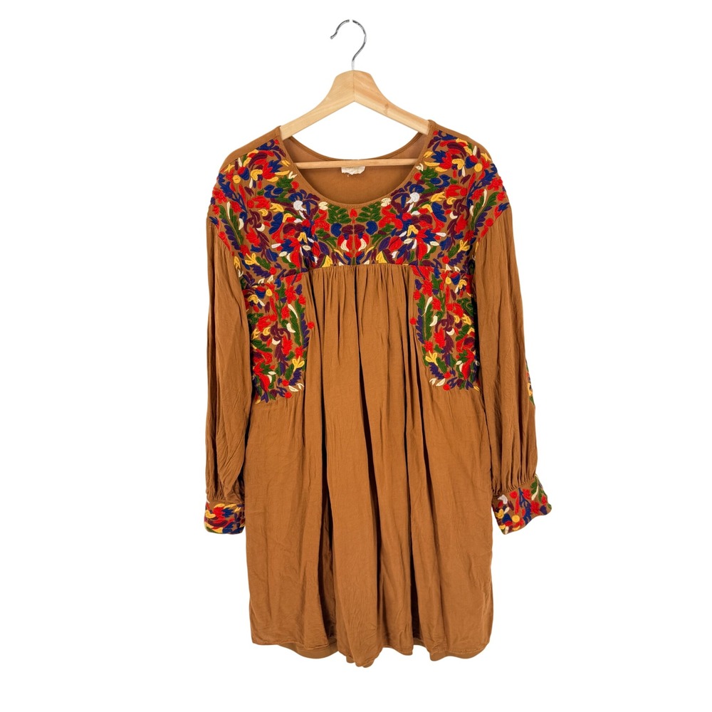 Embroidered Boho Babydoll Tunic‎ Dress Brown XL Folk Artsy Festival Cottage